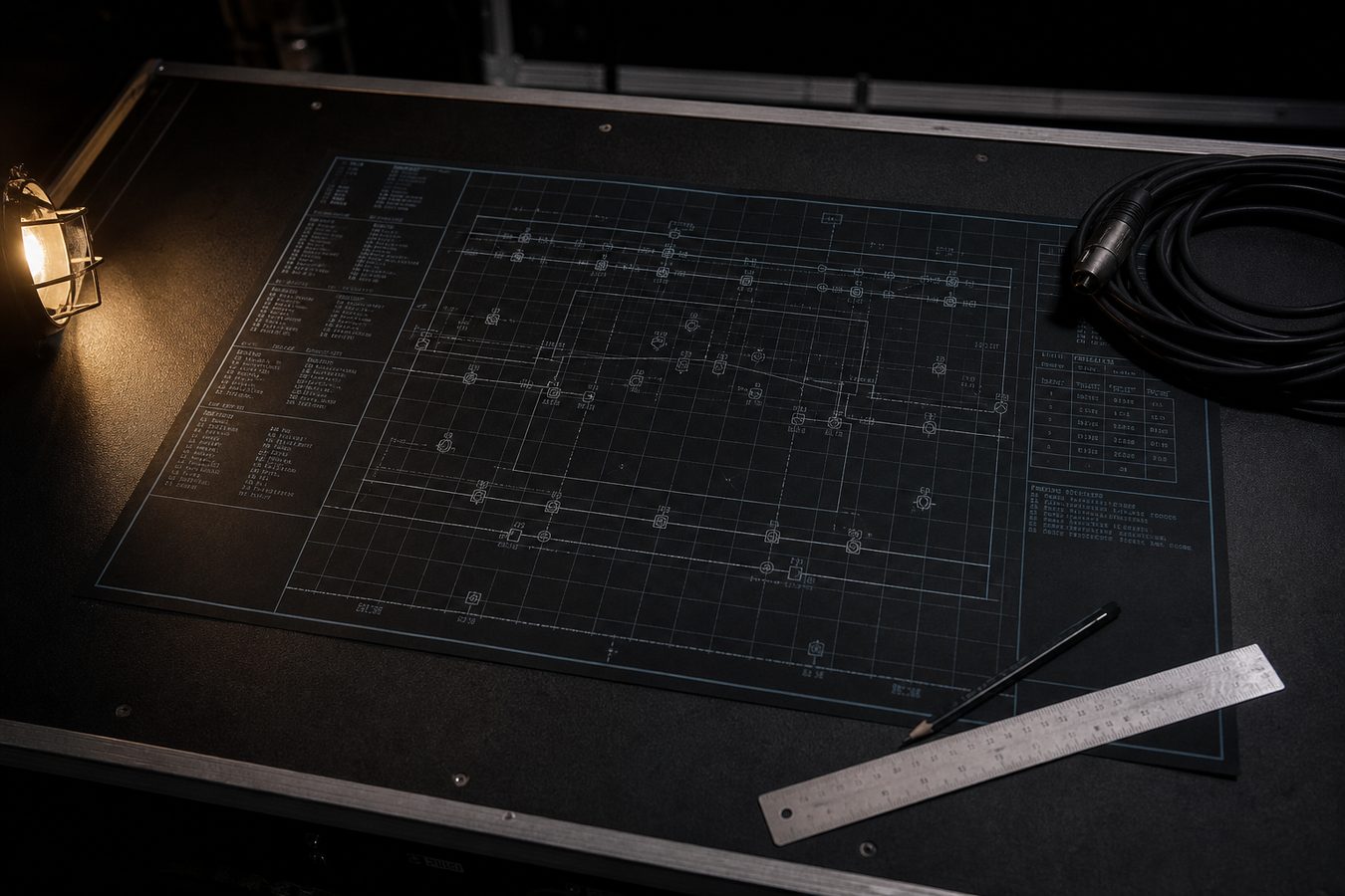 Overhead view of a lighting plot on a dark console desk, lit by a small worklight.